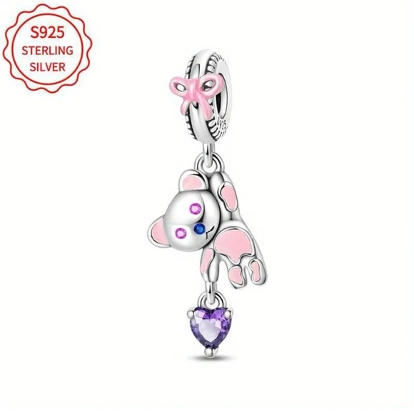 🆕 9.25 Sterling Silver - Breast Cancer - Teddy Bear Charm - Purple Heart 💜 - Picture 1 of 6